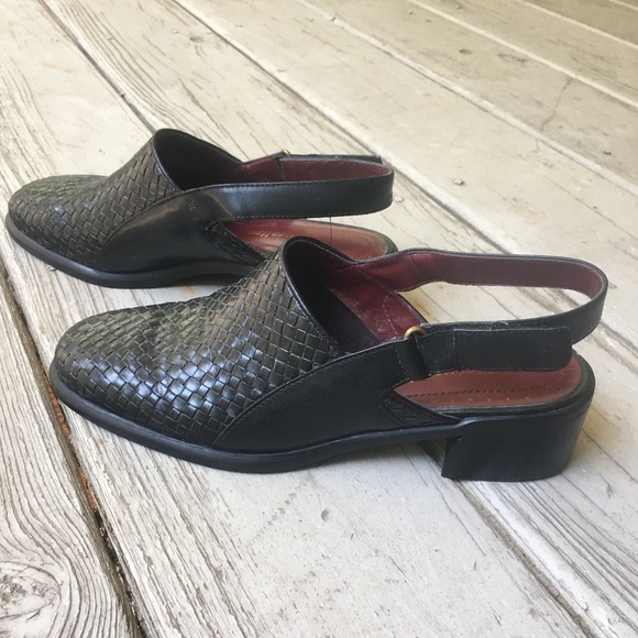 black woven leather mules